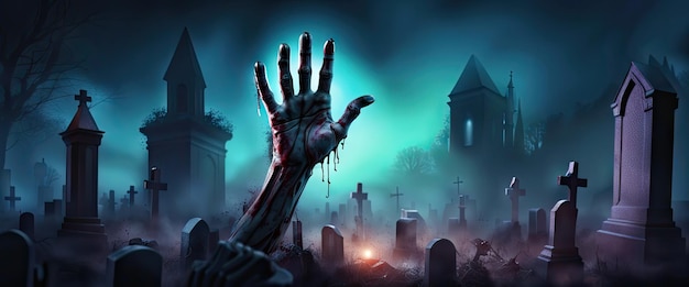 Zombie handen stijgen uit het graf in spookachtige nacht halloween nacht achtergrond banner horror scène van