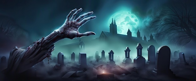 Zombie hands are rising from grave in spooky night halloween night background banner horror scene of