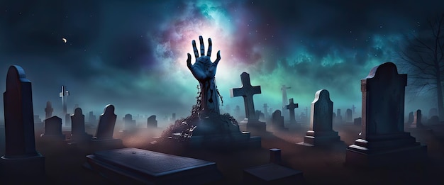 Zombie hands are rising from grave in spooky night halloween night background banner horror scene of