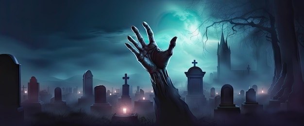 Zombie hands are rising from grave in spooky night halloween night background banner horror scene of