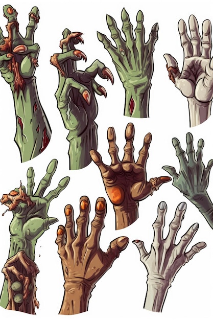 Foto set di cartoni animati con mani zombie illustrazione di halloween