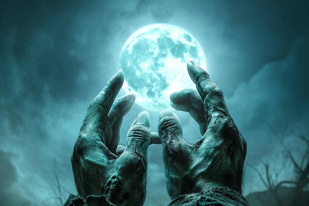 Руки зомби и полная луна на фоне