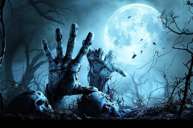 Руки зомби и полная луна на фоне