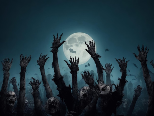 Zombie hands rising in dark halloween night