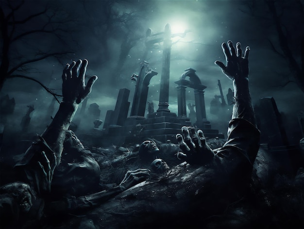 Zombie hands rising out of the grave dark night with a moon light spooky halloween illustration