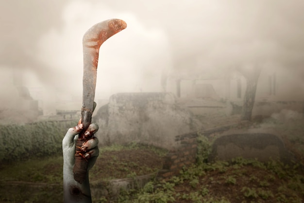 Photo zombie hands with wound holding sickle with foggy background