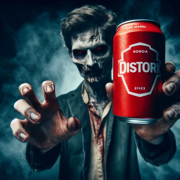 A Zombie holding a Can soda drink Red