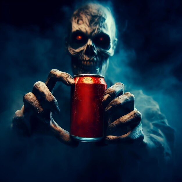 A Zombie holding a Can soda drink Red