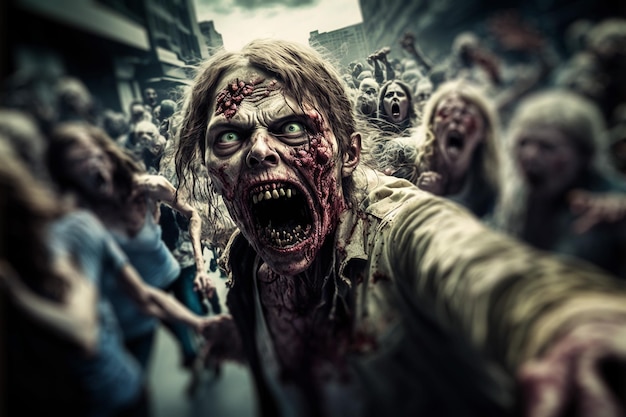 Zombie horde. Zombie apocalypse scene. Generative ai Stock Illustration