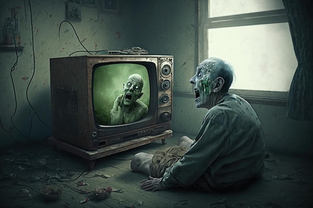 Zombie is watching TV Beautiful illustration picture Generative AI