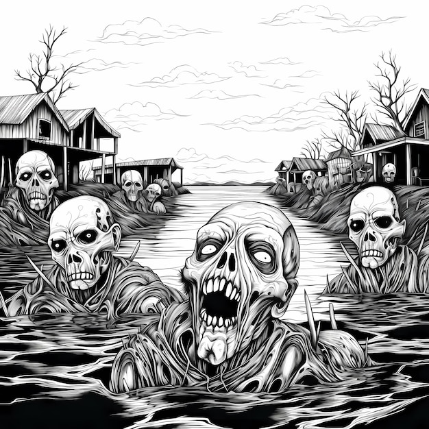 Zombie Lake Adventure Spooky Coloring Page in Black and White with Thick Lines