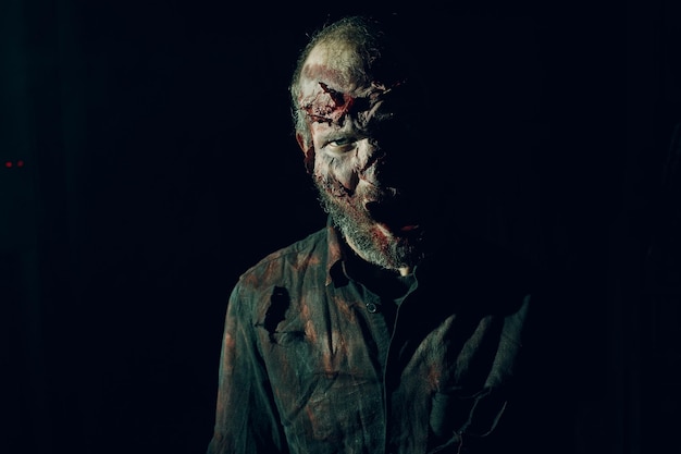 Trucco maschile zombie per il concetto di halloween sangue sulla pelle del viso
