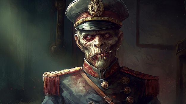 Zombie man general in a military uniform with a wounded face leader