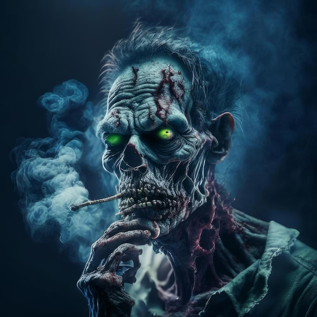 Человек-зомби курит сигарету на темной улице Генеративный ИИ