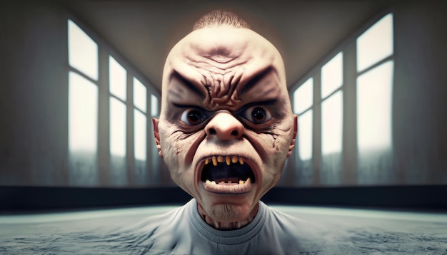 Zombie man ugly face and anger expression in empty room horror situation high detailed by ai gener