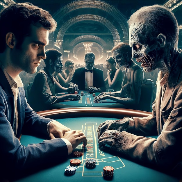 A zombie playing blackjack against a human in a casino