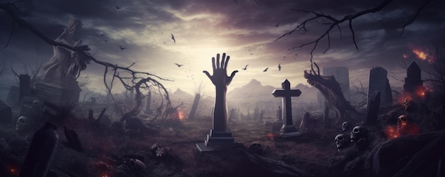 묘지에서 나오는 좀비 묘지 무서운 할로윈 밤 생성 AI
