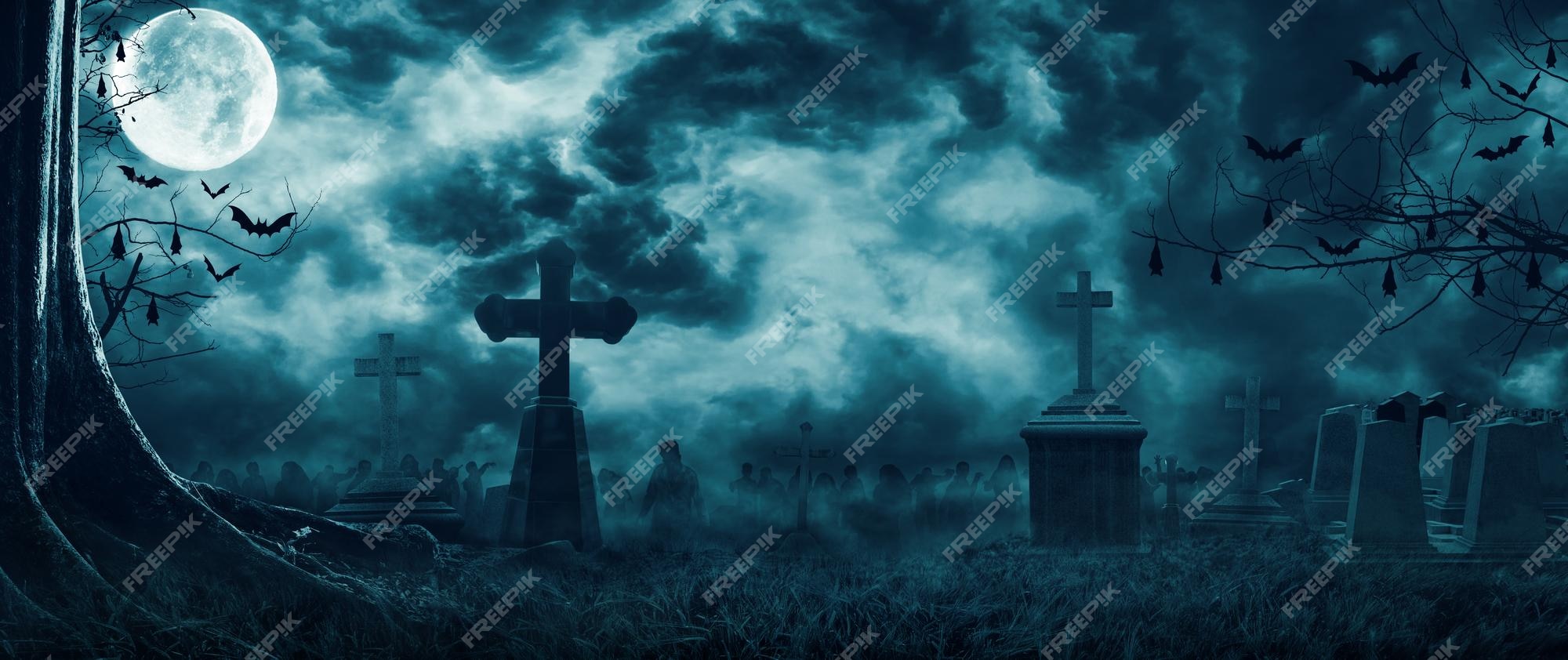 Premium Photo | Zombie rising out of a graveyard cemetery in spooky scary  dark night full moon bats on dead tree holiday event halloween banner  background concept