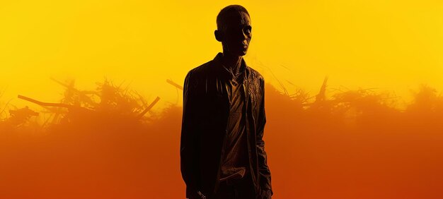 A zombie silhouette is standing alone on an orange background in the style of hyperrealism and