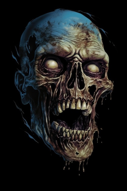 A zombie skull with a black background