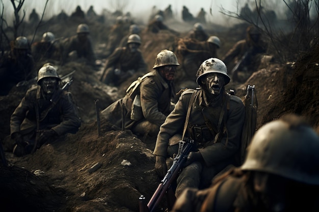 Zombie-soldaten van de eeuw in een slagveld loopgraven neuraal netwerk gegenereerd fotorealistisch beeld