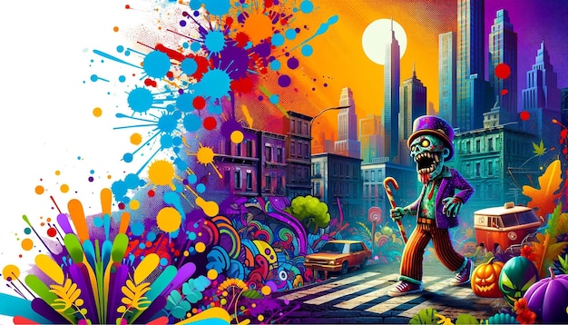 Foto zombie street performer in colorful urban splatter