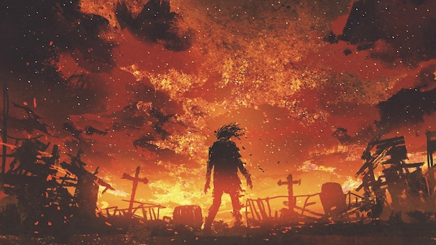 照片僵尸走在燔墓地与燃烧的天空,数字艺术风格,插图绘画