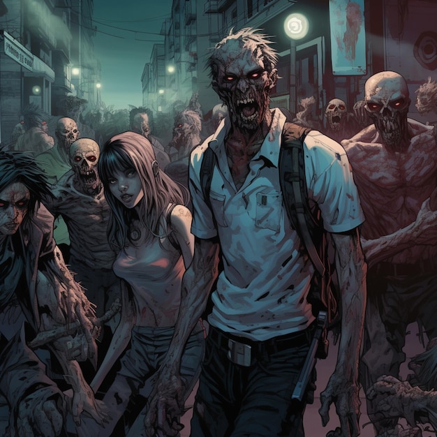 Photo zombie walking through a crowded street with a bunch of zombies generative ai