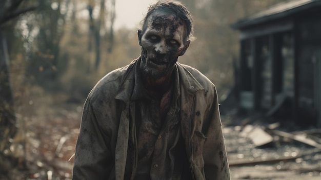 A zombie walks through a forest with a house in the background.