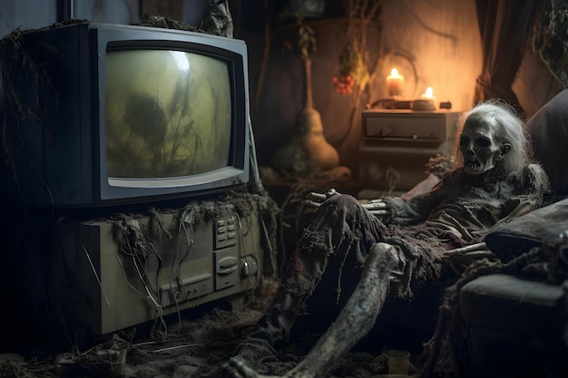Зомби смотрит старый пыльный телевизор в интерьере заброшенного дома, сгенерированная нейронной сетью