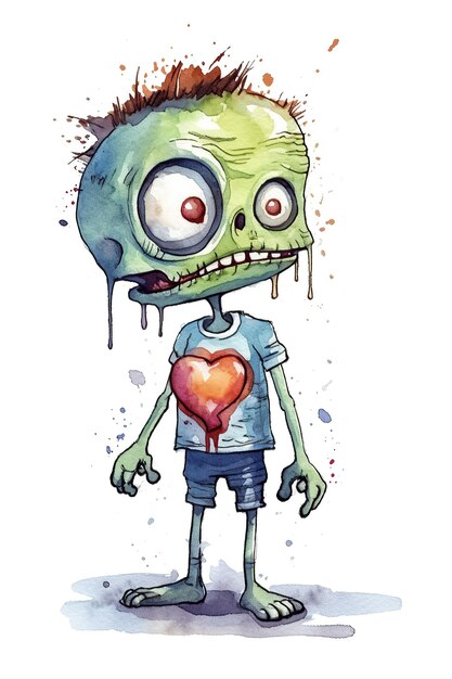 Zombie watercolor clipart cute isolated on white background with Generative AI Technology