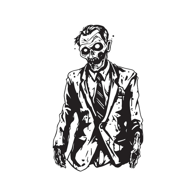 Zombie wearing suit vintage logo line art concept black and white color hand drawn illustration