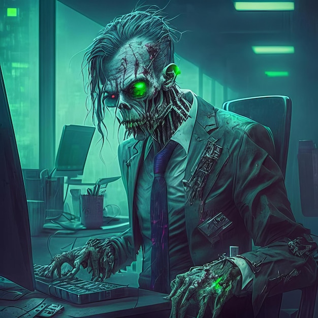 Zombie werknemer Illustratie van het concept "Tired to death" "Generative AI"