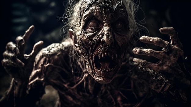 A zombie with a big mouth and long hair is in a dark room.