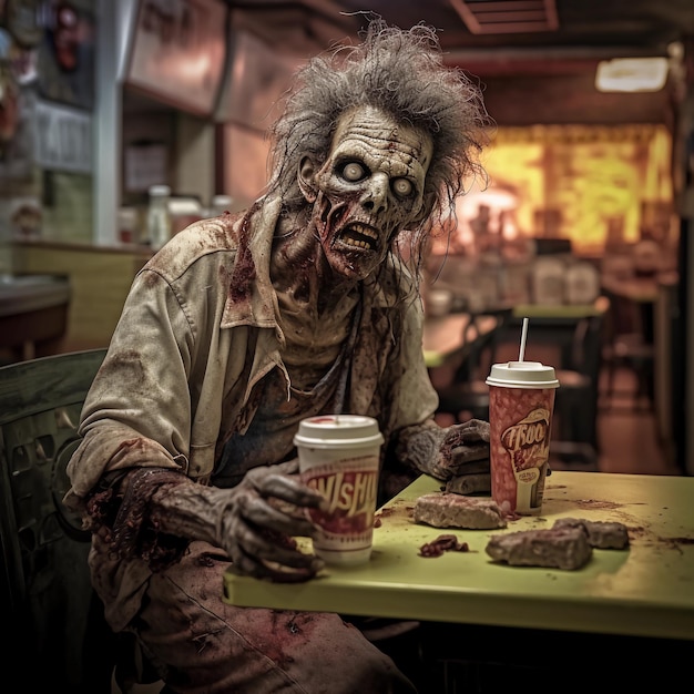 A zombie with a cup of chips on it sits at a table.