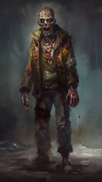 A zombie with a green jacket and a jacket that says'zombie'on it