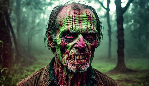 A zombie with green skin and pink skin stands in a forest.