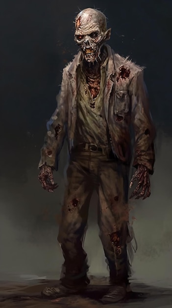 A zombie with a jacket and pants that says zombie.