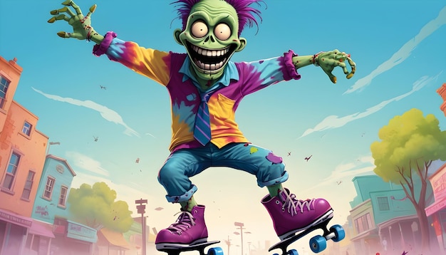 the Zombie with a tie dye shirt and roller skates doing cartwheels and handstandswith a big smile