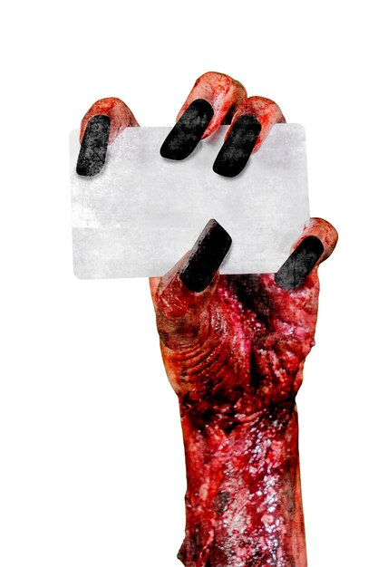 Photo zombie woman hands holding a blank card