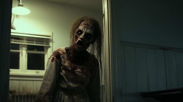 Photo zombie woman walking in interior hallway 8k resolution horror scene