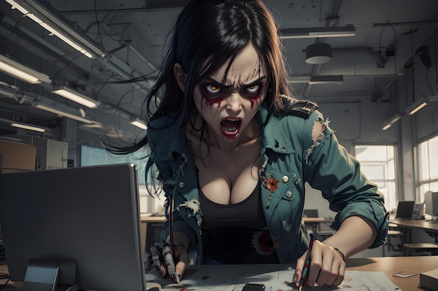 Photo zombie women furious working in the office illustration digital