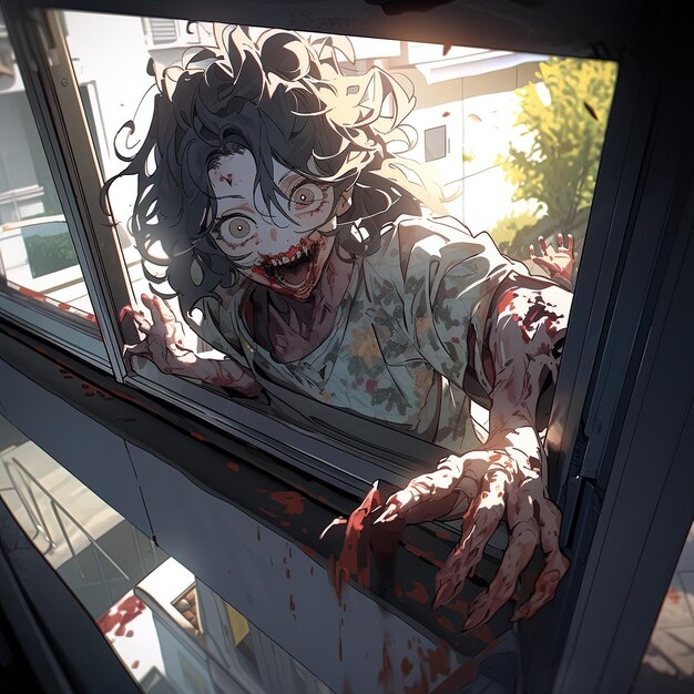 a zombie zombie is stuck in a window with blood on it
