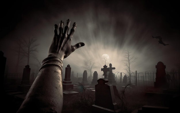 Zombiehand die uit een kerkhof opstijgt in griezelige nacht AI Generatieve AI