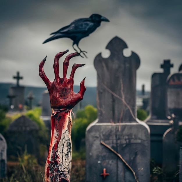 Zombiehand en griezelige raaf op Halloween-kerkhof