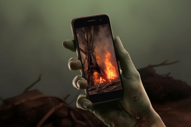 Zombiehand met smartphone Griezelige zombie-apocalypsen met natuurbrandstichting Genereer ai