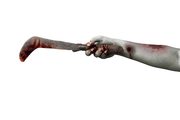 Zombiehanden met wond die sikkel houden die over witte achtergrond wordt geïsoleerd