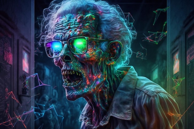 Zombiehologram in retrostijl in neonkleuren illustratie Generatieve AI