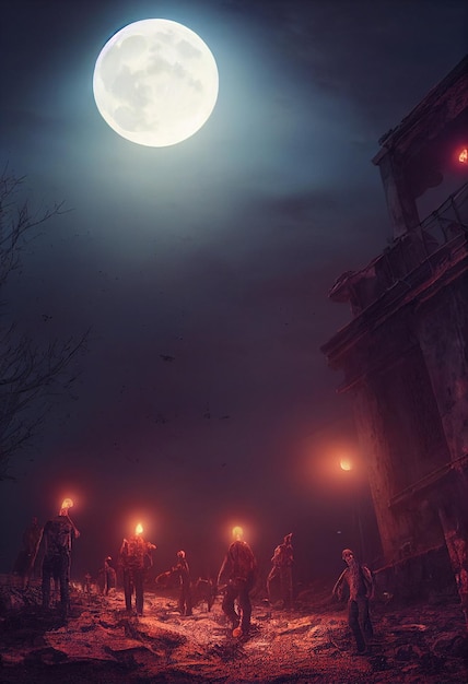 Zombies attack on full moon halloween night surreal fantasy 3d illustration