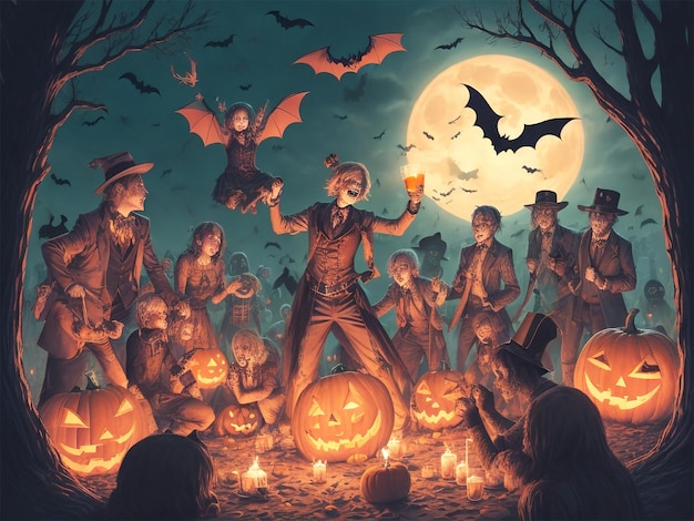 Zombies celebrating Halloween party high detail image for Tshirt wallpaper background